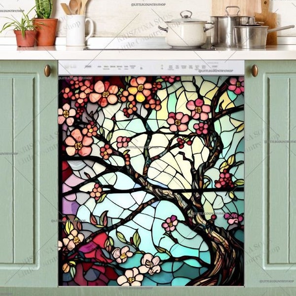 Kitchen Dishwasher Magnet Cover - Stained Glass Spring Tree Design #fl512