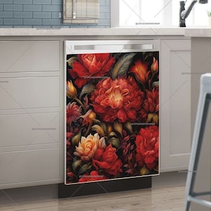 Red Floral Dishwasher Magnet Cover: Folklore Kitchen Decor