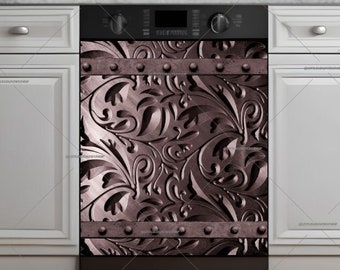 Kitchen Dishwasher Magnet Cover • Engraved Rosé Grey Batik Metal Design Pattern • Family Gift