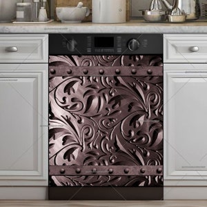 Kitchen Dishwasher Magnet Cover • Engraved Rosé Grey Batik Metal Design Pattern • Family Gift