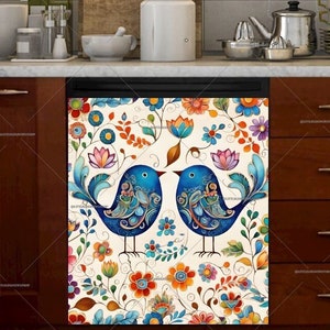 Kitchen Dishwasher Magnet Cover - Bohemian Folklore Pattern with Birds and Flowers #md2397