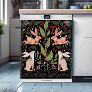 Kitchen Dishwasher Magnet Cover • Scandinavian Folklore Rabbit Design • Bohemian Decor #aa105