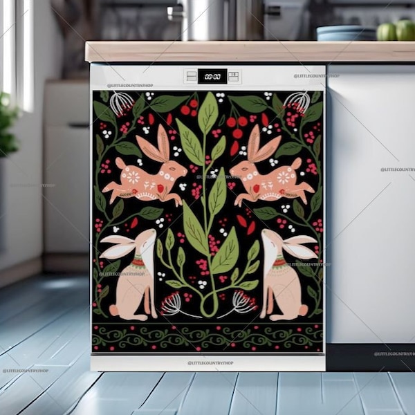 Kitchen Dishwasher Magnet Cover - Scandinavian Folklore Bunny Design #aa105