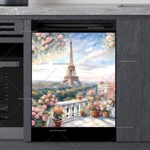 Kitchen Dishwasher Magnet Cover • Balcony Flower Garden in Paris with Eiffel Tower • Gift for Paris Lovers #md1669