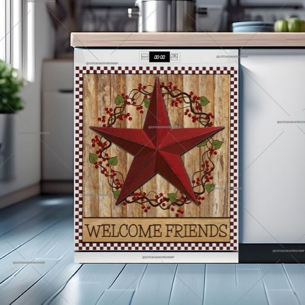 Country Kitchen Dishwasher Magnet Cover • Red Prim Barn Star and Wreath • Country Farmhouse Decor #pm193