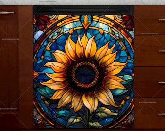 May include: A stained glass style dishwasher magnet featuring a sunflower with yellow petals, a dark brown center, and green leaves. The background is a blue, green, and brown mosaic pattern.