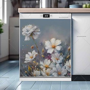 Kitchen Dishwasher Magnet Cover • Blooming White Flowers • Decorative Cover #md1287
