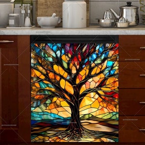 Kitchen Dishwasher Magnet Cover - Beautiful Stained Glass Tree Design #md451