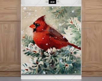 Cardinal Christmas Dishwasher Magnet Cover: Snowy Pine Tree Decor - U.S. duty free!! #ch1476