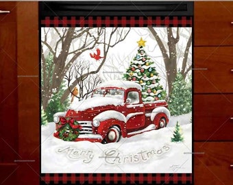 Christmas Red Truck Dishwasher Magnet Cover: Winter Kitchen Decor - U.S. duty free!! #ch1563