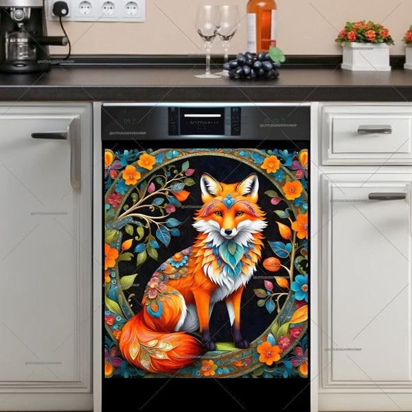 Kitchen Dishwasher Magnet Cover • Folk Flowers and a Fox • Gift for Fox Lovers #md652