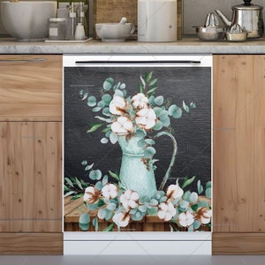 Farmhouse Dishwasher Magnet Cover: Cotton & Eucalyptus Bouquet - U.S. duty free!! #fl602