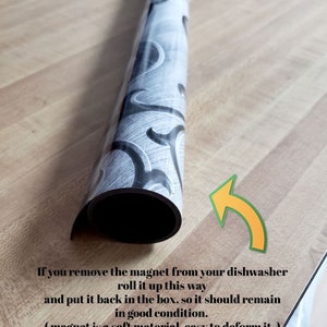 May include: A rolled up black and white patterned magnetic sheet with an arrow pointing to the right. The text reads: "If you remove the magnet from your dishwasher roll it up this way and put it back in the box, so it should remain in good condition. (magnet is a soft material, easy to deform it.)"