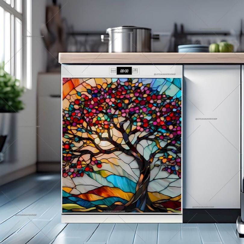 Kitchen Dishwasher Cover - Beautiful Stained Glass Spring Cherry Tree Dish Washer Covers