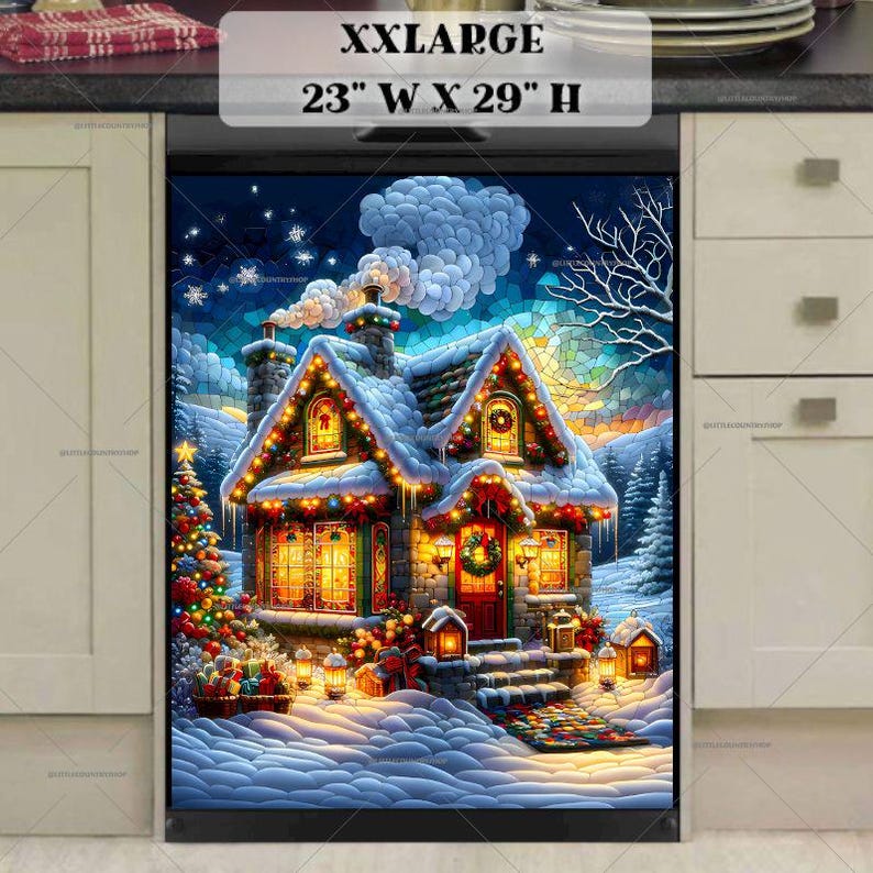 Kitchen Dishwasher Cover Stained Glass Christmas Cottage at