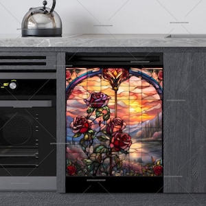 Stained Glass Roses Dishwasher Magnet Cover: Kitchen Decor - U.S. duty free!! #md1752