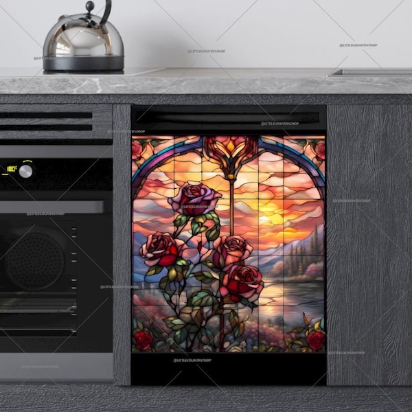 Kitchen Dishwasher Magnet Cover • Stained Glass Roses Design • Gift for Wife #md1752