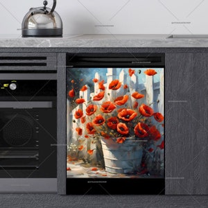 Kitchen Dishwasher Magnet Cover • Summer Poppies in a Bucket Beside a White Fence • Decorative Cover #md427