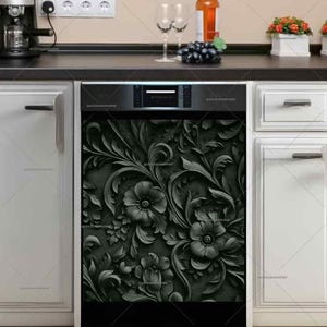 Floral Dishwasher Magnet Cover: Black & Grey Metal Flowers - U.S. duty free!! #fl20