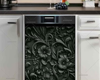 Floral Dishwasher Magnet Cover: Black & Grey Metal Flowers - U.S. duty free!! #fl20