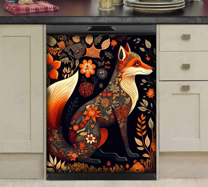 Kitchen Dishwasher Magnet Cover - Beautiful Folk Fox and Flowers