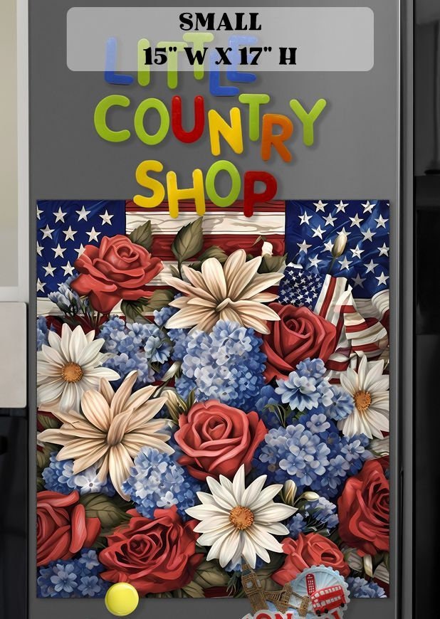 Kitchen Dishwasher Magnet Cover - American Flag and Flowers