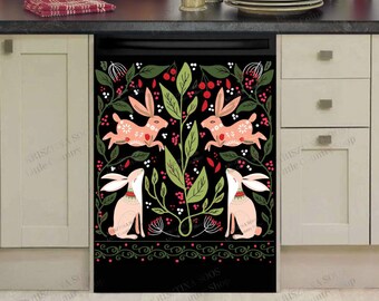 Kitchen Dishwasher Magnet Cover - Scandinavian Folklore Bunny Design