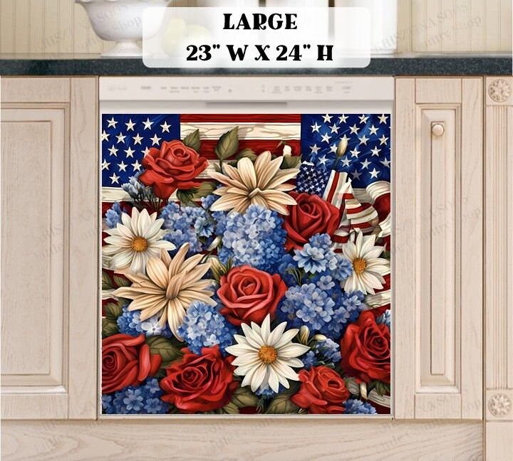 Kitchen Dishwasher Magnet Cover - American Flag and Flowers