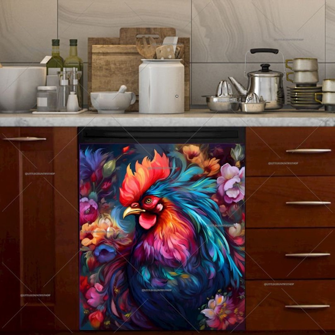 Rooster Magnetic Dishwasher Cover-Rooster Kitchen Decor, Country Farmhouse  Animals Magnetic Dishwasher Door Cover, Refrigerator Magnet Cover