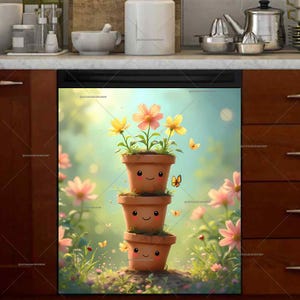 May include: Three stacked terracotta flower pots with smiling faces, decorated with yellow and pink flowers and butterflies, against a blue sky and green grass background.