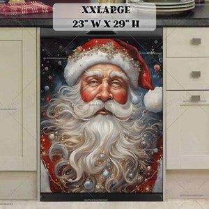 May include: A dishwasher magnet featuring a festive Santa Claus with a white beard and red hat. The background is a sparkling blue with white snowflakes. The magnet is 23 inches wide and 29 inches high.
