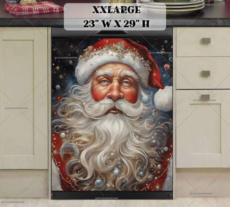 May include: A dishwasher magnet featuring a festive Santa Claus with a white beard and red hat. The background is a sparkling blue with white snowflakes. The magnet is 23 inches wide and 29 inches high.