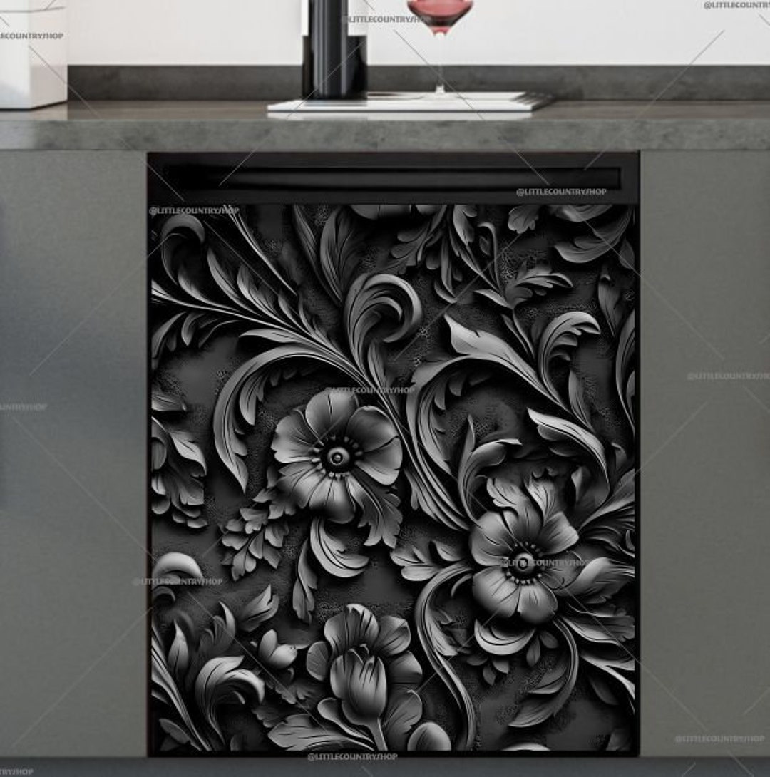 Kitchen Dishwasher Cover Black and Grey Metal Flowers Decorative