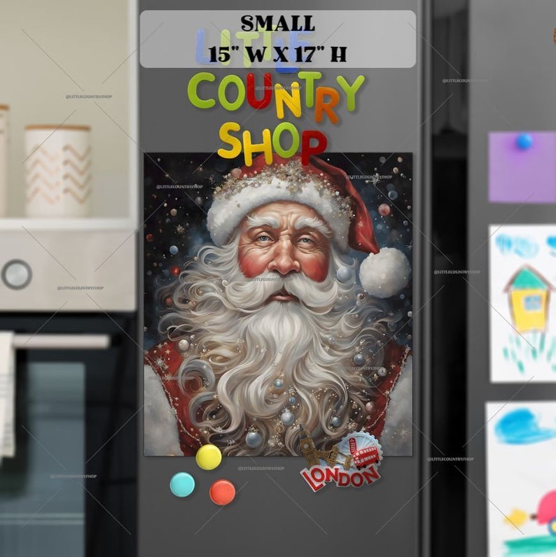 May include: A painting of Santa Claus with a red hat and white beard. The background is a dark blue with white stars and a red and white London bus. The painting is 15 inches wide by 17 inches high.