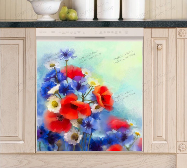 Beautiful Blue Red and White Garden Flowers Dishwasher Cover