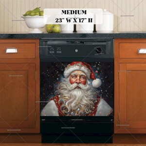 May include: A dishwasher magnet featuring a festive illustration of Santa Claus with a red hat and white beard. The background is a dark blue with white snowflakes and a scattering of colorful ornaments. The magnet is 23 inches wide and 17 inches high.