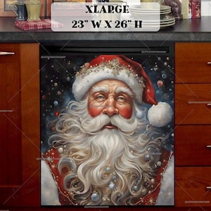 May include: A close-up of a Santa Claus illustration with a white beard and red hat. The background is a dark blue with white and silver glitter.
