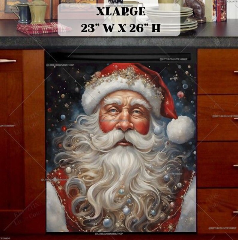 May include: A close-up of a Santa Claus illustration with a white beard and red hat. The background is a dark blue with white and silver glitter.