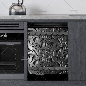 Engraved Batik Dishwasher Magnet Cover: Dark Gray Metal Design