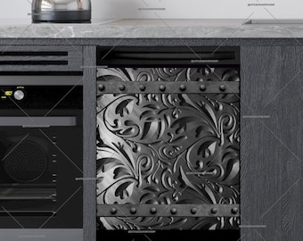 Engraved Batik Dishwasher Magnet Cover: Dark Gray Metal Design - U.S. duty free!! #msc59