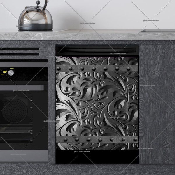 Kitchen Dishwasher Magnet Cover - Engraved Dark Grey Batik Metal Design Pattern #msc59