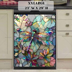 May include: A stained glass style dishwasher magnet featuring a colourful dragonfly with iridescent wings and a pearl-like body. The dragonfly is surrounded by flowers and leaves in a mosaic pattern. The magnet is 23 inches wide and 29 inches high.