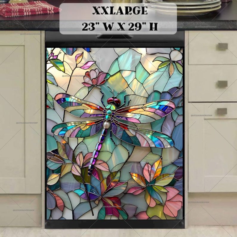 May include: A stained glass style dishwasher magnet featuring a colourful dragonfly with iridescent wings and a pearl-like body. The dragonfly is surrounded by flowers and leaves in a mosaic pattern. The magnet is 23 inches wide and 29 inches high.