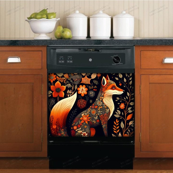 Kitchen Dishwasher Magnet Cover - Beautiful Folk Fox and Flowers