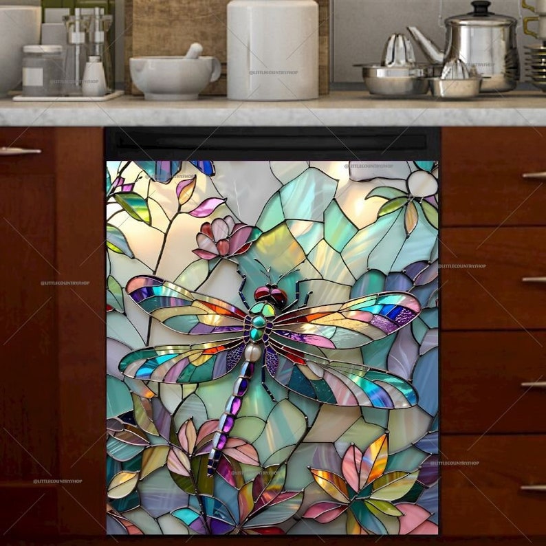 May include: A colourful stained glass design featuring a dragonfly with iridescent wings and a floral background.