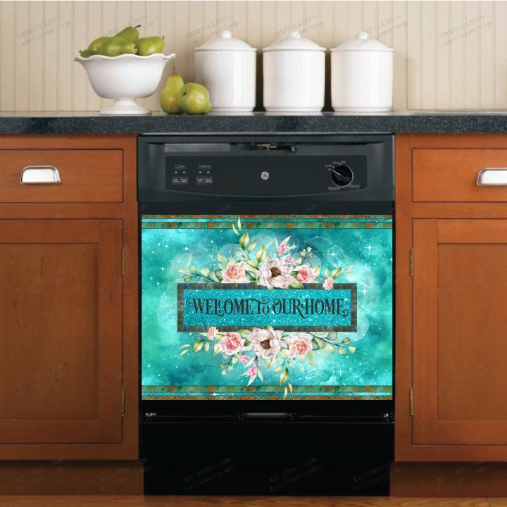 Rustic Welcome Sign with Flowers Dishwasher Cover