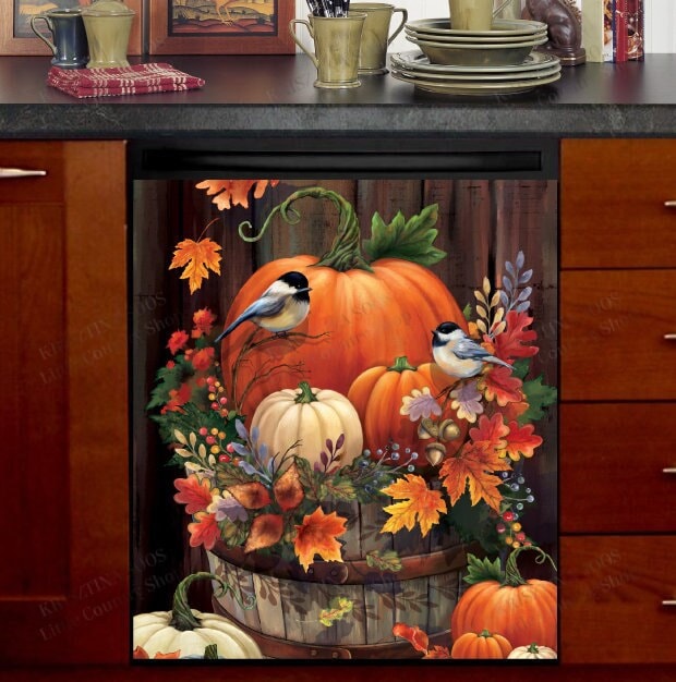 Discover Autumn Pumpkin Chickadees Dishwasher Cover