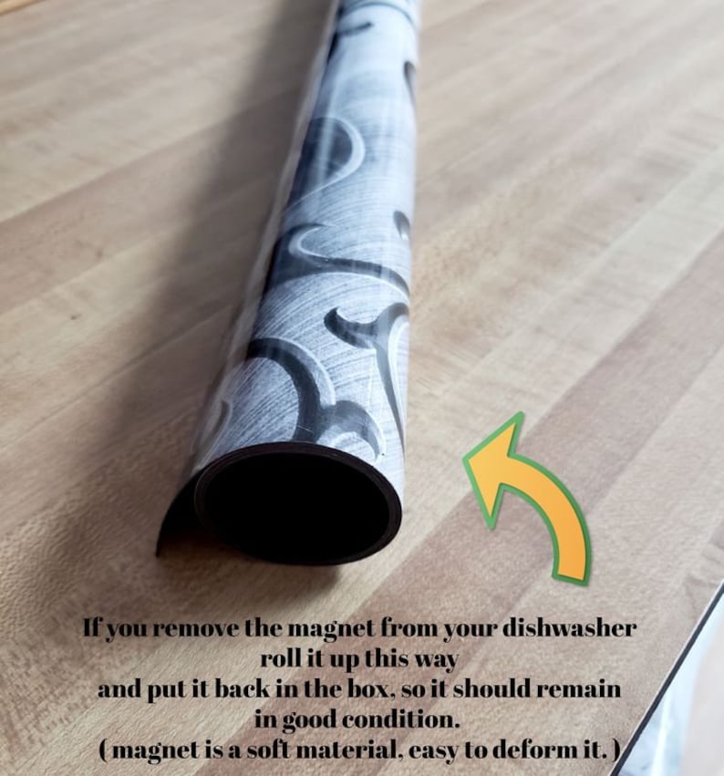 May include: A rolled up black and white patterned magnetic sheet with an arrow pointing to the right. The text reads: "If you remove the magnet from your dishwasher roll it up this way and put it back in the box, so it should remain in good condition. (magnet is a soft material, easy to deform it.)"