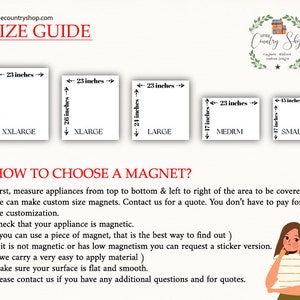May include: Size guide for custom magnets with different sizes: XX-Large (29 inches by 23 inches), X-Large (26 inches by 23 inches), Large (21 inches by 23 inches), Medium (17 inches by 23 inches), and Small (17 inches by 13 inches).  Instructions on how to choose the right size magnet for your appliance are included.