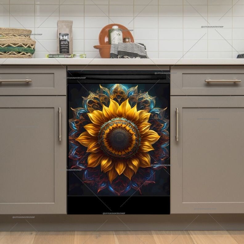 Black Embossed Pattern Dishwasher Magnet Cover,Mandala Style Refrigerator  Covers Magnetic Skin,Kitchen Dish Washer Panel Decal for Fridge Home